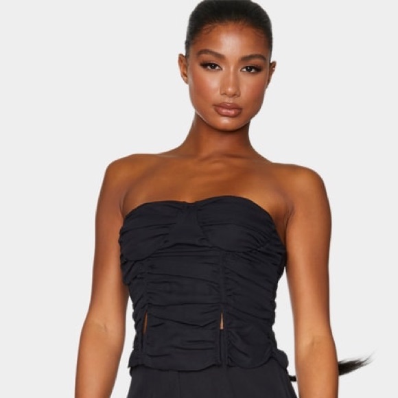 Pretty Little Thing Women’s Black Chiffon Ruched Spilt Hem Bandeau Corset Top - Picture 5 of 8